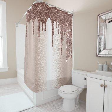 Spark Drip Glitter Effect Blush Rose Girly Brown Shower Curtain