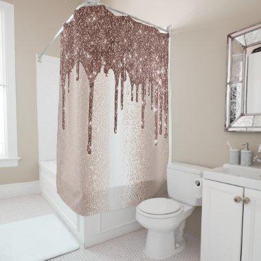 Spark Drip Glitter Effect Blush Rose Girly Skinny Shower Curtain