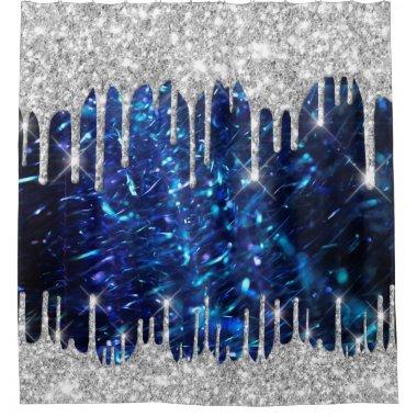 Spark Drips Glitter Blue Navy. Silver Gray Shower Curtain