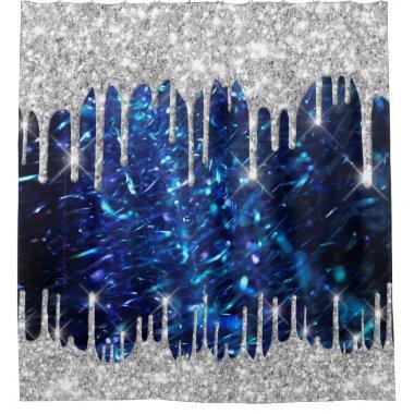 Spark Drips Glitter Blue Navy. Silver Gray Shower Curtain