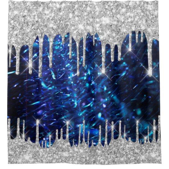Spark Drips Glitter Blue Navy. Silver Gray Shower Curtain