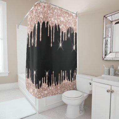 Spark Drips Glitter Effect Black Rose Gold Pink Shower Curtain