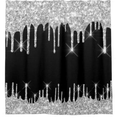 Spark Drips Glitter Effect Black Silver Gray Shower Curtain