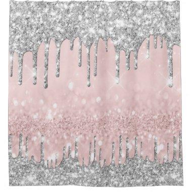 Spark Drips Glitter Effect Black Silver Pink Shower Curtain