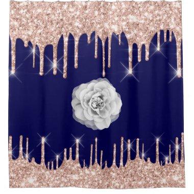 Spark Drips Glitter Effect Blue Navy Rose Flower Shower Curtain