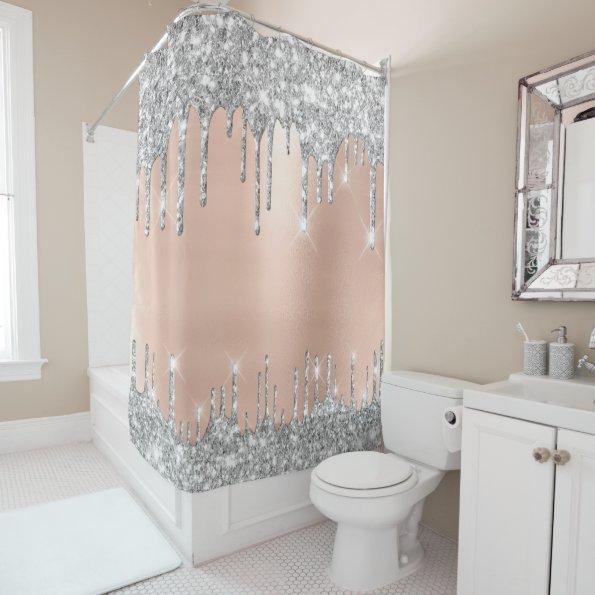 Spark Drips Glitter Effect Rose Silver Gray Shower Curtain