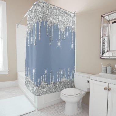 Spark Drips Glitter Effect Silver Gray Dusty Blue Shower Curtain