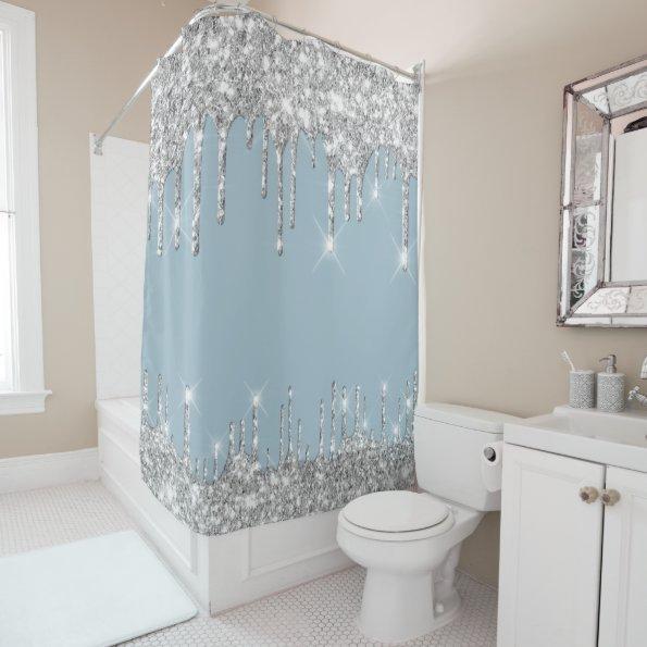 Spark Drips Glitter Effect Smoky Blue Silver Gray Shower Curtain