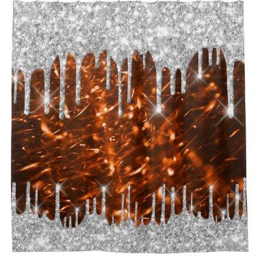 Spark Drips Glitter Orange Silver Gray Shower Curtain