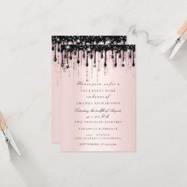 Spark Glitter Black Drips Rose Bridal Shower Blush Invitations