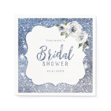 Sparkle blue glitter and floral bridal shower napkins