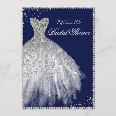 Sparkle Dress Silver Navy Bridal Shower Invitations