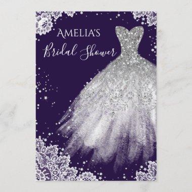 Sparkle Dress White Lace Purple Bridal Shower Invitations