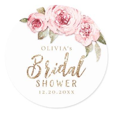 Sparkle gold glitter and pink floral bridal shower classic round sticker
