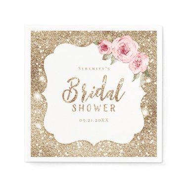 Sparkle gold glitter and pink floral bridal shower napkins