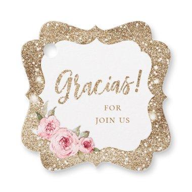 Sparkle gold glitter and pink floral gracias favor tags