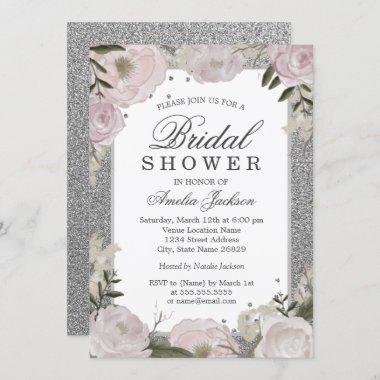 Sparkle Pink Silver Floral Bridal Shower Invitations