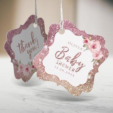 Sparkle rose gold glitter and floral baby shower favor tags