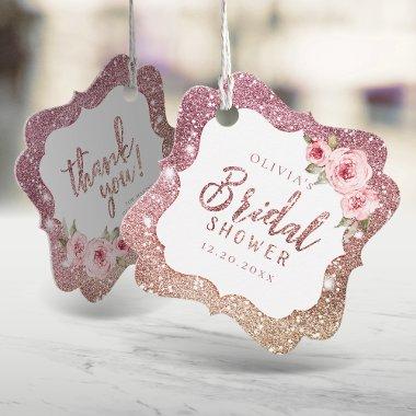 Sparkle rose gold glitter and floral bridal shower favor tags