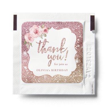Sparkle rose gold glitter and floral thank you hand sanitizer packet