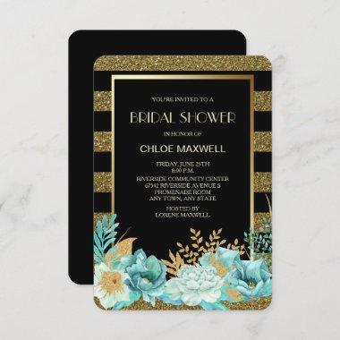 Sparkle Stripe Gold Mint Floral Bridal Shower Invitations