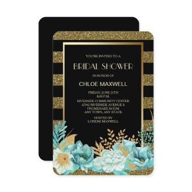 Sparkle Stripe Gold Mint Floral Bridal Shower Invitations