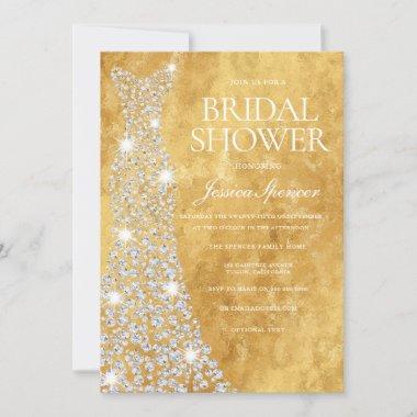 Sparkling Diamond Wedding Dress Golden Glitter Invitations