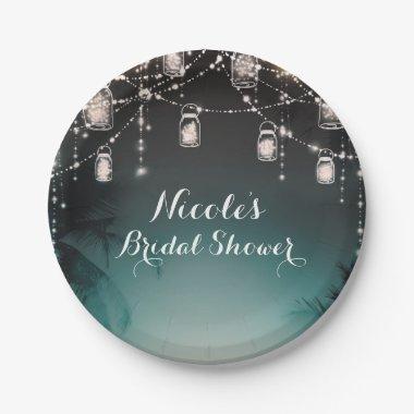 Sparkling Lights Palm Trees Elegant Beach Wedding Paper Plates