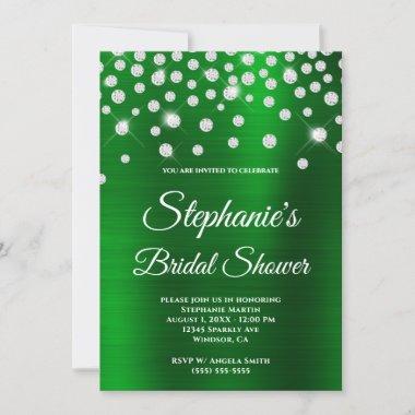 Sparkly Diamond Emerald Satin Foil Bridal Shower Invitations