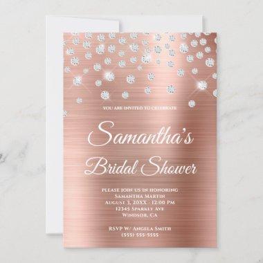 Sparkly Diamond Rose Gold Satin Foil Bridal Shower Invitations