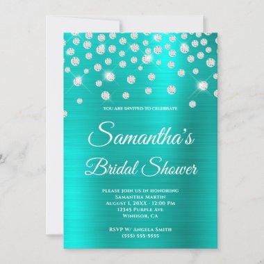 Sparkly Diamond Turquoise Satin Foil Bridal Shower Invitations