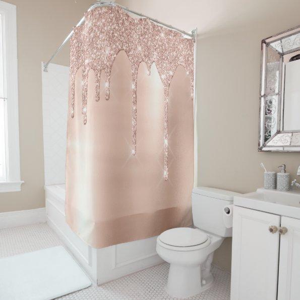 Sparkly Glitter Drips Pink Rose Gold Blush Lux Shower Curtain