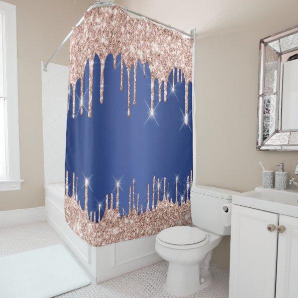 Sparkly Glitter Drips Pink Rose Gold Blush Navy Shower Curtain