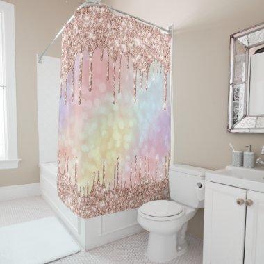 Sparkly Glitter Drips Pink Rose Gold Holographic Shower Curtain