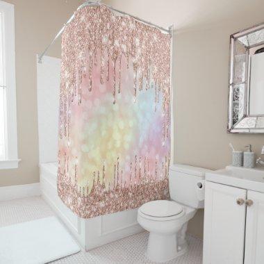 Sparkly Glitter Drips Pink Rose Holographic Shower Curtain