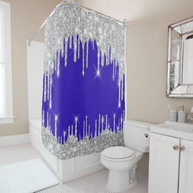 Sparkly Glitter Drips Silver Gray GreyRoyal Blue Shower Curtain