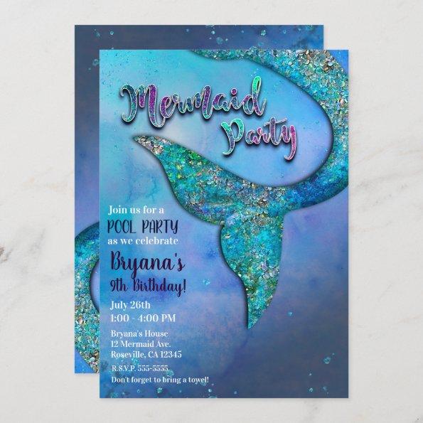 Sparkly Ocean Mermaid Fin Tail Birthday Party Invitations