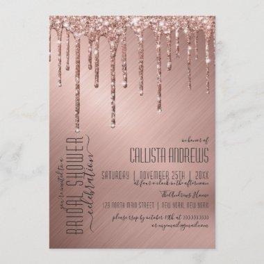 Sparkly Rose Gold Glitter Drips Bridal Shower Invitations