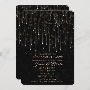 Sparkly Shooting Stars Black Chic Engagement Party Invitations