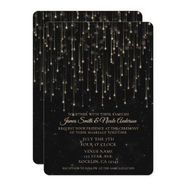 Sparkly Shooting Stars Black Chic Modern Wedding Invitations