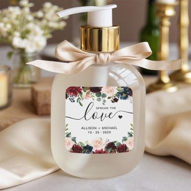Spread Love Burgundy Navy Floral Wedding Sanitizer Square Sticker