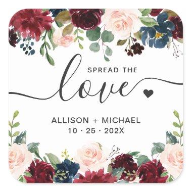 Spread Love Burgundy Navy Floral Wedding Sanitizer Square Sticker