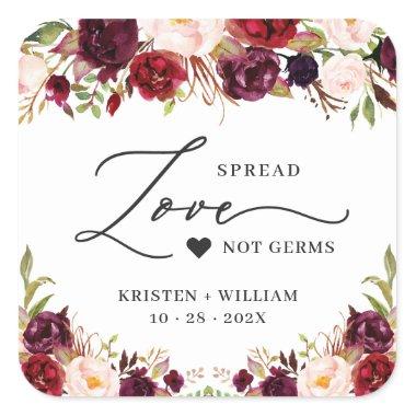 Spread Love Burgundy Red Floral Wedding Sanitizer Square Sticker