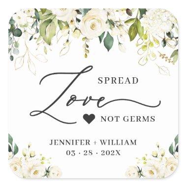 Spread Love Greenery White Roses Wedding Sanitizer Square Sticker