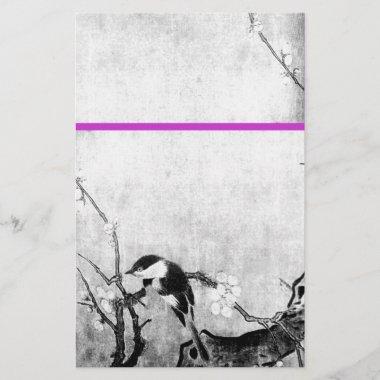 SPRING BIRD AND FLOWER TREE Black White Purple Stationery