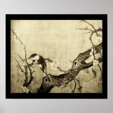SPRING BIRD AND FLOWER TREE Brown Sepia Poster