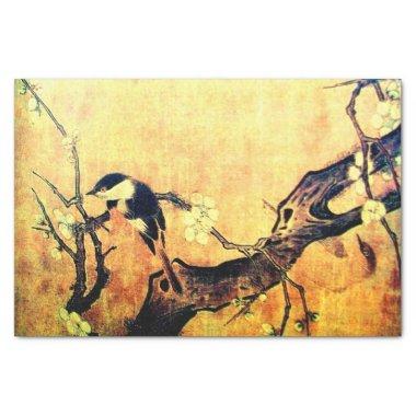 SPRING BIRD AND FLOWER TREE Gold Yellow Brown Tissue Paper