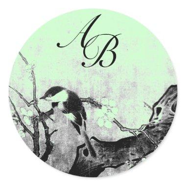 SPRING BIRD AND FLOWER TREE MONOGRAM Black Green Classic Round Sticker