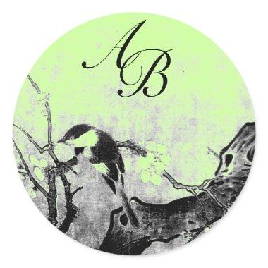 SPRING BIRD AND FLOWER TREE MONOGRAM,green Classic Round Sticker