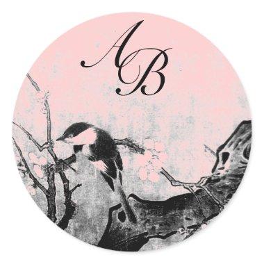 SPRING BIRD AND FLOWER TREE MONOGRAM Pink Fuchsia Classic Round Sticker